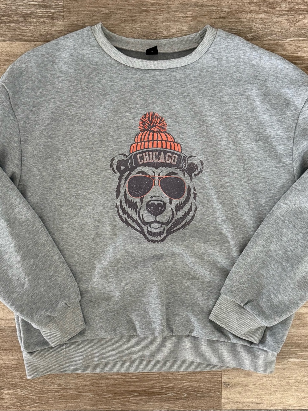 SHEIN Gray Crewneck Sweatshirt with Chicago Bear Graphic and Orange Beanie